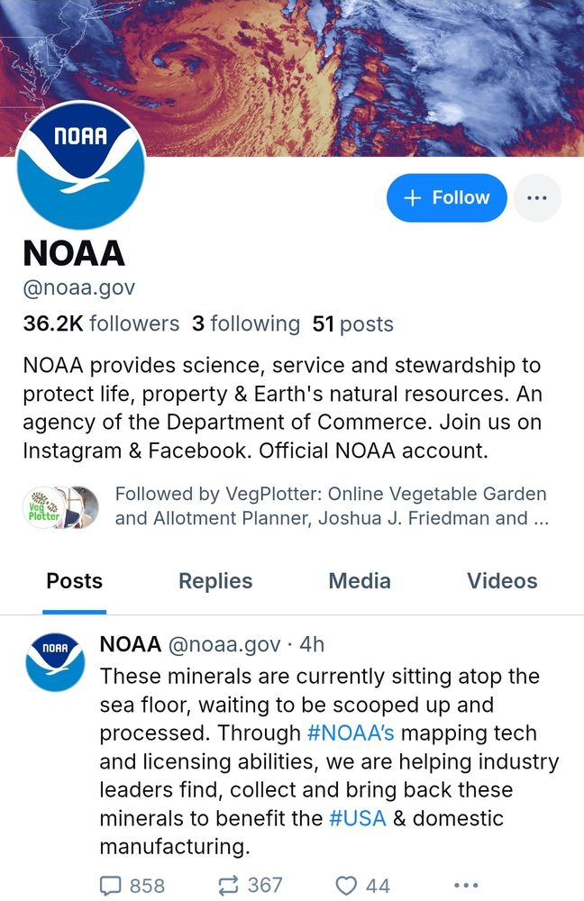 NOAA provides science, service and stewardship to protect life, property & Earth's natural resources. An agency of the Department of Commerce. Join us on Instagram & Facebook. Official NOAA account.

‪NOAA‬
 ‪@noaa.gov‬
· 5h
These minerals are currently sitting atop the sea floor, waiting to be scooped up and processed. Through #NOAA’s mapping tech and licensing abilities, we are helping industry leaders find, collect and bring back these minerals to benefit the #USA & domestic manufacturing.