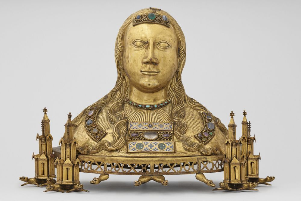 Buste reliquaire féminin en cuivre doré