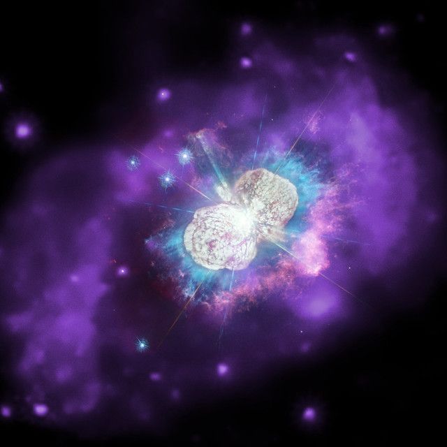 What will be the next star in our Milky Way galaxy to explode as a supernova? Astronomers aren't certain, but one candidate is in Eta Carinae, a volatile system containing two massive stars that closely orbit each other. This image has three types of light: optical data from Hubble (appearing as white), ultraviolet (cyan) from Hubble, and X-rays from Chandra (appearing as purple emission). The previous eruptions of this star have resulted in a ring of hot, X-ray emitting gas about 2.3 light years in diameter surrounding these two stars.

Image credit: X-ray: NASA/CXC; Ultraviolet/Optical: NASA/STScI; Combined Image: NASA/ESA/N. Smith (University of Arizona), J. Morse (BoldlyGo Institute) and A. Pagan

#NASA #MarshallSpaceFlightCenter #MSFC #Marshall #chandraxrayobservatory #ChandraXRay #cxo #chandra #astronomy #space #astrophysics  #nasamarshallspaceflightcenter #solarsystemandbeyond #GoddardSpaceFlightCenter #GSFC #Hubble #HST #HubbleSpaceTelescope #supernova

Read more

More about the Chandra X-ray Observatory

NASA Media Usage Guidelines