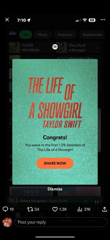 A Spotify screenshot with a sparkly green banner with orange words that says “The life of a showgirl Taylor swift”. Underneath that are the words “congrats! You were in the first 1.2 listeners of the life of a showgirl” in black letters. Then there is an orange “share now” button. 