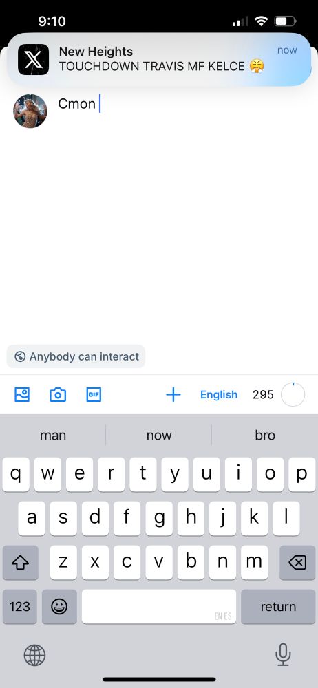 A notification at the top of the screen from New Heights that reads “TOUCHDOWN TRAVIS MF KELCE”. In the background is the  Bluesky post drafts.