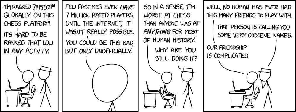 4-panel comic. (1) [Person 2 with white hat stands behind Person 1 who is seated at desk with laptop] PERSON 1: I’m ranked 7,145,000th globally on this chess platform. It’s hard to be ranked that low in *any* activity. (2) PERSON 1: Few pastimes even *have* 7 million rated players. Until the internet, it wasn’t really possible. You could be this bad, but only unofficially. (3) PERSON 1: So in a sense, I’m worse at chess than anyone was at *anything* for most of human history. PERSON 2: Why are you still doing it? (4) PERSON 1: Well, no human has ever had this many friends to play with. PERSON 2: That person is calling you some very obscene names. PERSON 1: Our friendship is complicated. 
