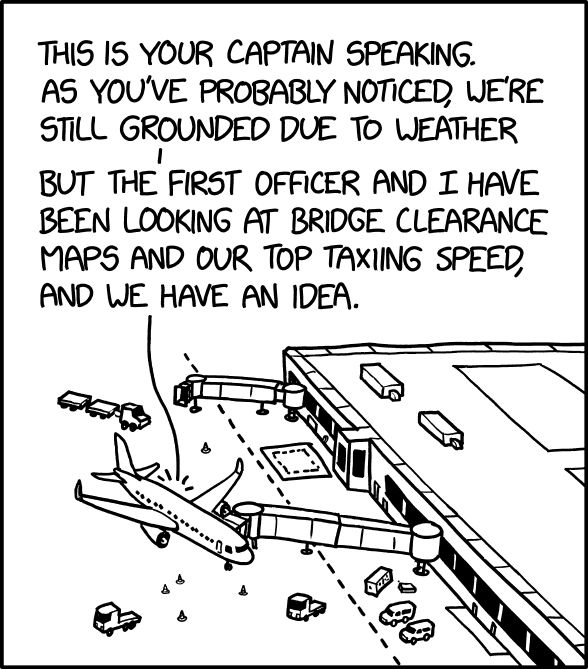 Comic. [airplane connected to airport terminal by jet bridge] VOICE FROM PLANE: This is your captain speaking. As you’ve probably noticed, we’re still grounded due to weather. But the first officer and I have been looking at bridge clearance maps and our top taxiing speed, and we have an idea.