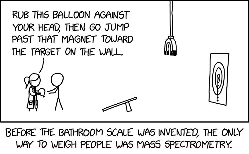 [Person with ponytail wearing lab coat hands balloon to another person in front of a springboard, a magnet hanging from above, and then a target] PERSON WITH PONYTAIL to Person 2: Rub this balloon against your head, then go jump past that magnet toward the target on the wall. [caption] Before the bathroom scale was invented, the only way to weigh people was mass spectrometry.