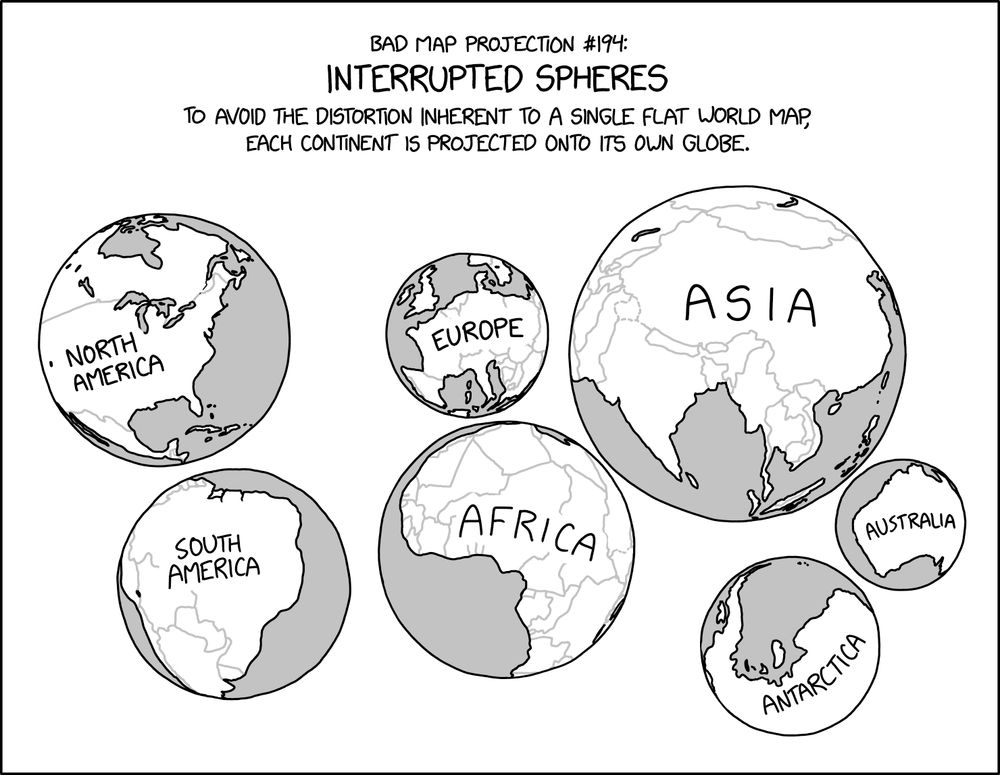 Comic. Bad Map Projection #194: Interrupted Spheres. To avoid the distortion inherent to a single flat world map, each continent is projected onto its own globe. [spheres of different sizes with a single continent on each]