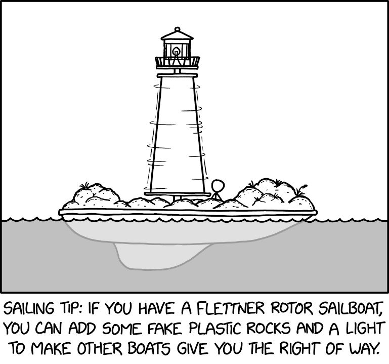Comic. [Person amid rocks on boat decorated with a light. Above waterline, the top of the boat looks like a lighthouse. Below waterline is the bottom of the boat.] [caption] Sailing Tip: If you have a Flettner Rotor Sailboat, you can add some fake plastic rocks and a light to make other boats give you the right of way. 