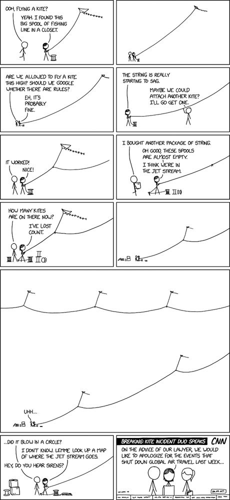 11-panel comic. (1) [Person approaches another person with short hair who is flying a kite with a large spool at her feet.] PERSON 1: Ooh, flying a kite? PERSON 2: Yeah. I found this big spool of fishing line in a closet. (2) [The kite is now flying far away.] (3) [Kite is even farther away.] PERSON 1: Are we allowed to fly a kite this high? Should we Google whether there are rules? PERSON 2: Eh, it’s probably fine. (4) [Kite is now off-panel.] PERSON 2: The string is really starting to sag. PERSON 1 [touching lower curve of line]: Maybe we could attach another kite? I’ll go get one. (5) [Another kite now attaches above the line, bringing the curve higher in the air.] PERSON 1: It worked! PERSON 2: Nice! (6) [Two empty spools at Person 2’s feet in addition to one in use. The kite line has a knot in it.] PERSON 1: I bought another package of string. PERSON 2: Oh good, these spools are almost empty. I think we’re in the jet stream. (7) PERSON 1: How many kites are on there now? PERSON 2: I’ve lost count. (8) [long distance shot of people with all the empty spools and beginning of the kite line] (9) [large panel showing many attached kites coming back around] PERSON 1: Uhh… (10) PERSON 1: ...Did it blow in a circle? PERSON 2: I don’t know. Lemme look up a map of where the jet stream goes. PERSON 1: Hey, do you hear sirens? (11) [Headline] *Breaking* Kite Incident Duo Speaks. [Person 2 at Podium flanked by Person 1 and a person with a ponytail carrying a briefcase] PERSON 2: On the advice of our lawyer, we would like to apologize for the events that shut down global air travel last week... 