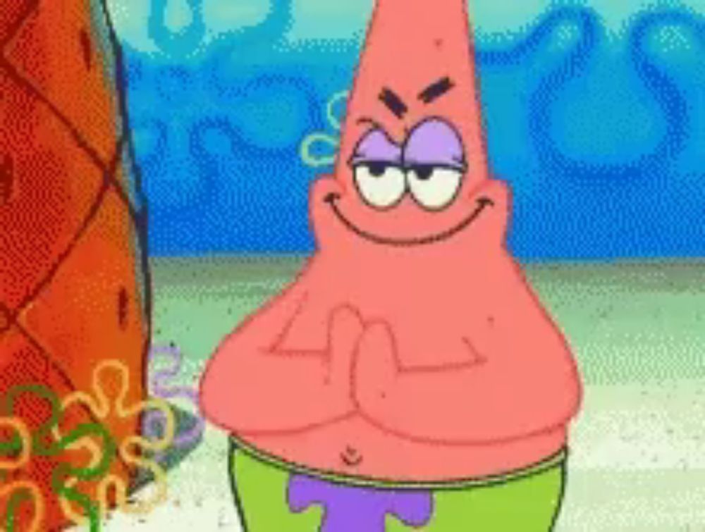 patrick star from spongebob squarepants is smiling with his arms crossed .