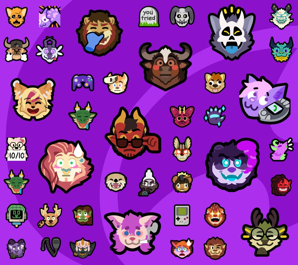 A promotional image with bold, colorful emoji-style art featuring a variety of characters in lots of different expressions (animals, mythical creatures, robots), as well as objects. The characters are scattered playfully across the layout.