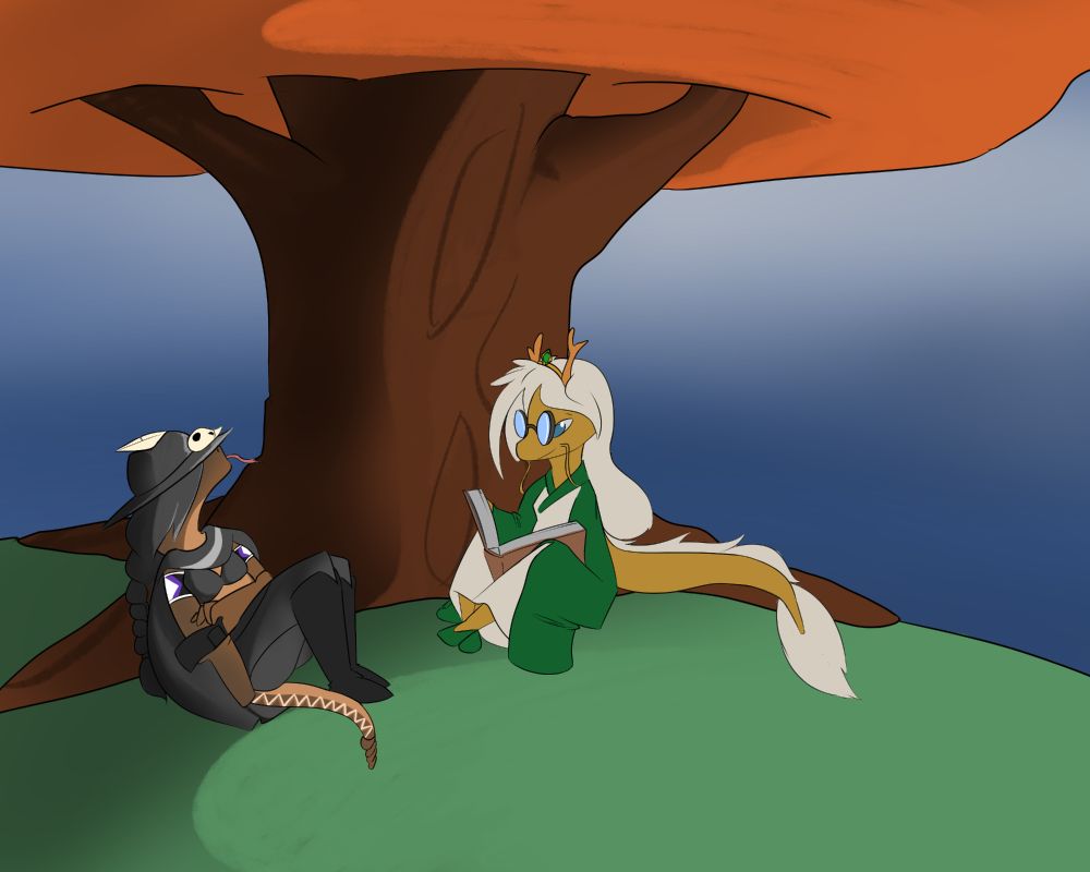 Two ladies rest by a large oak tree. The first, a rattlesnake lady is dozing with her hat over her face while the other, a dragon lady reads in the shade.