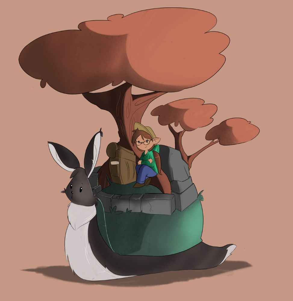 A girl with glasses sitting on a giant snailbunny shell. 