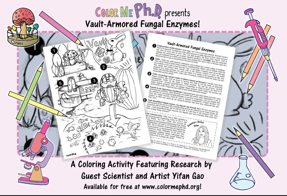 Coloring page illustration on vault-armored fungal enzymes, with surrounding doogles of mushrooms, science equipment, and colored pencils.