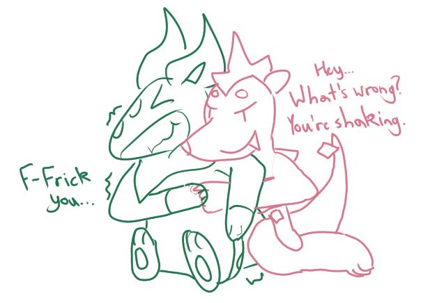 A sketch of Zorquil and Crocfoo cuddling together, with Crocfoo swirling a finger into Zorquil's side.