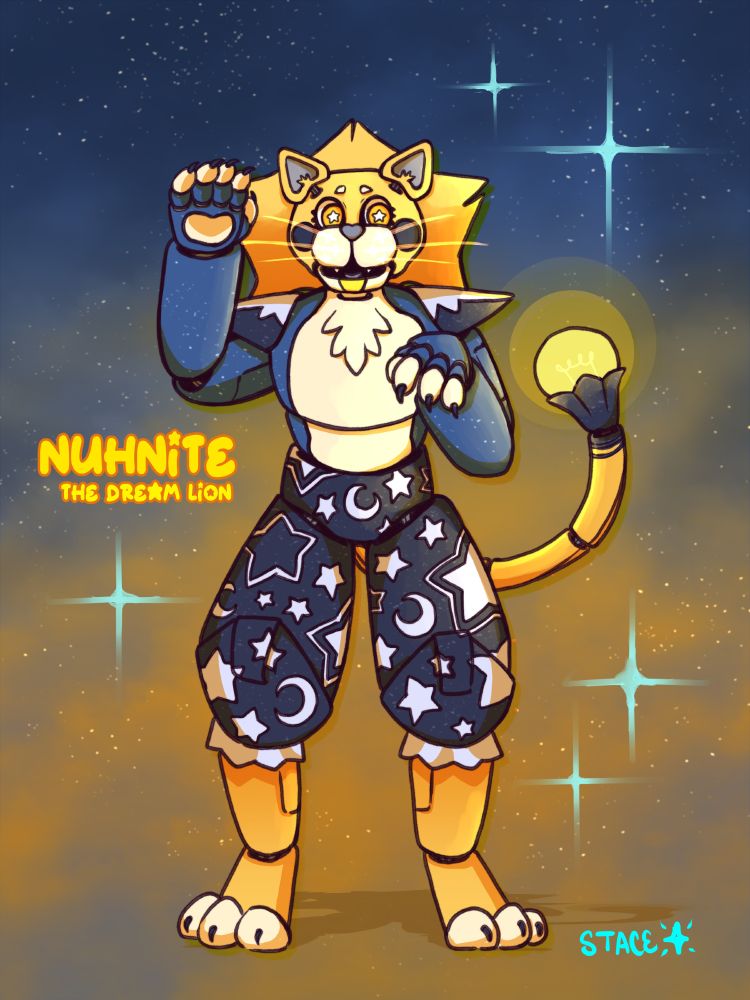 Artfight attack of NuhNite the Dream Lion. I made them as a FNAF style Animatronic bc I thought their design would make for cute Security Breach character. They have Fiber Optic whiskers, Glow-in-the-Dark paw pads, and a NightLight tail.

Character owner AF: artfight.net/~PetrichorCrown