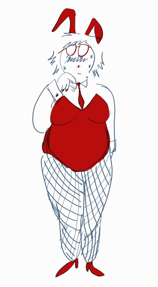 digital sketch of stevie from commoddities in a bunnygirl outfit. shes looking nervously to the side and tugging at the collar. the outfit itself as well as her glasses, lipstick and nails are colored in with red
