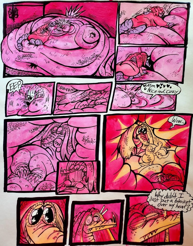A panel now shows the end results of the sudden food binge, Pablo now a gargantuan ball of fat and chub so impressive he fills the entire kitchen (ceiling chandelier mere inches away.)
Pablo sits in his own flab meanwhile Winnie happily rests against a fuzzy neckroll.

Now scooching her way down she reaches the porcupine's deep belly button before slithering and squeezing her way inside, Pablo letting out an excited "EEP" 
Now snug inside both parties are warm and cuddly "Mm <3 Nice and cozy" Pablo hums.
Inside the core of the navel, Winnie snorts with glee before reaching into her dress collar as she now pulls out the dinosaur toys, whispering "Wow..." at their radiance.

The comic ends with Winnie admiring the toys, only to snap into the sudden realization, "Why didn't I just put a blanket over my head?"

Tags: navel vore, feeder feedee stuffing, weight gain, fatfur, comic.