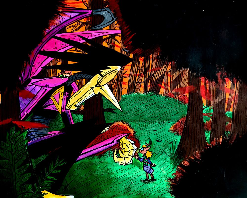 Deltarune chapter 2 fanart of the iconic deer scene from the movie The Iron Giant.
Noelle Holiday slowly approaches Spamton NEO's hand as Kris Dreemur is perched on the robot's shoulder watching.