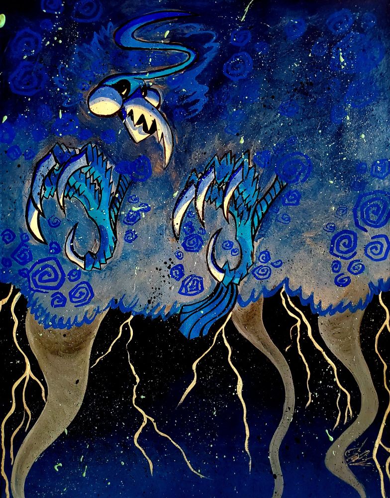 Pokémon fanart of a Mega Altaria. They are wrapped entirely in storm clouds so great only their head, talons and feathery tail peek out.
They are creating mighty hurricanes and thunderstorms below them. 