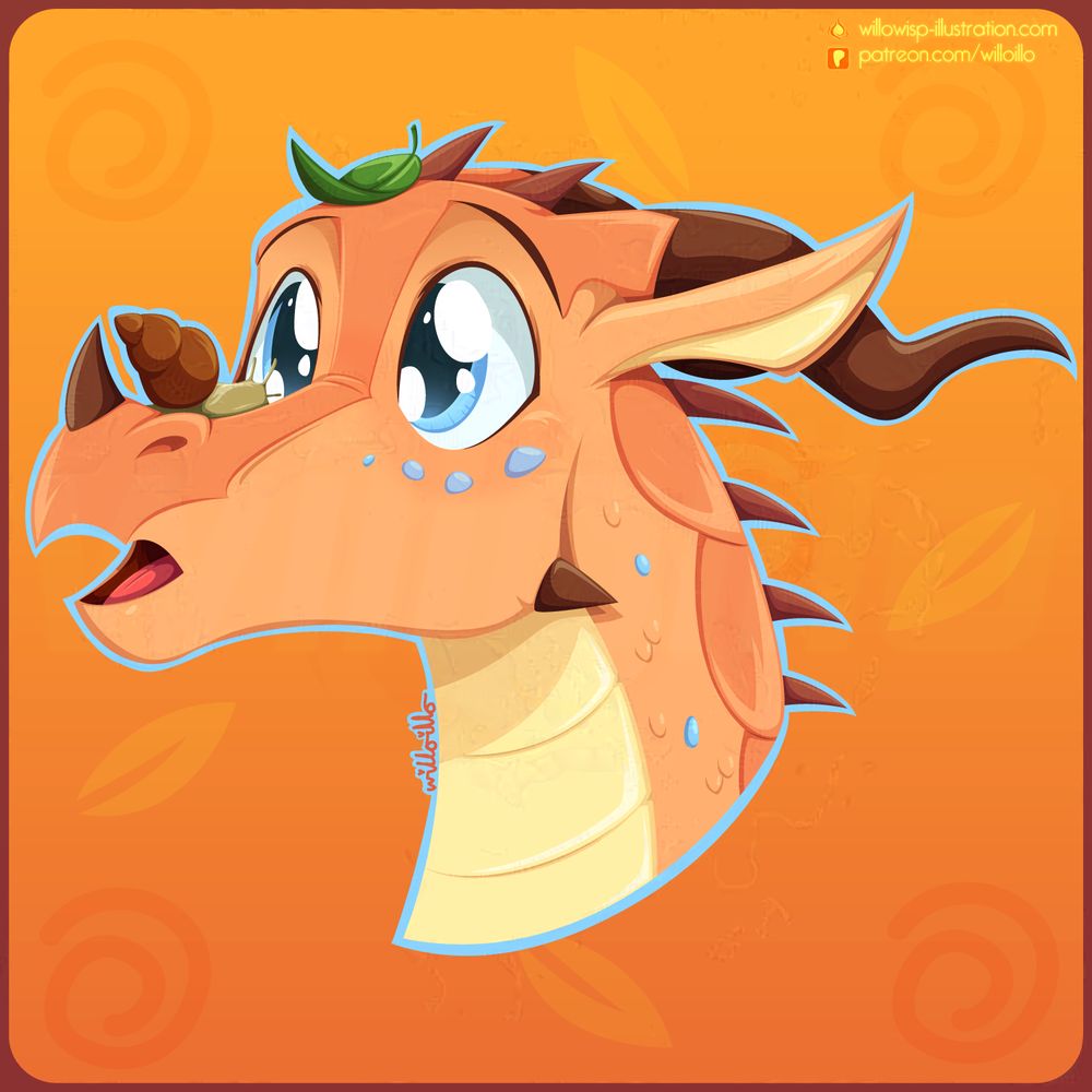 An emote of Sky the Skywing from the Wings of Fire book series. He has a small leaf on his head and crawling across his snout is a small snail. He's looking at it with very wide eyes and childlike wonder.