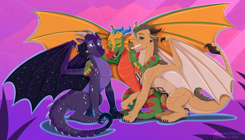 Three dragon OCs from the wings of fire series, with the middle dragon pulling the other two into a big hug. The one on the left is a Rainwing colored in dark purples with a few bright spots of silver and blue and the black wings with silver spots of a Nightwing, with the night sky motif extending to their frills as well. The middle one is bright green with an orange-red stomach, red diamond patterning and gold wing and frill membranes, and the Sandwing on the right is clearly older with golden glasses and black diamonds on his chest. They're all smiling, with the middle Rainwing laughing gleefully while the other two are more reserved. 