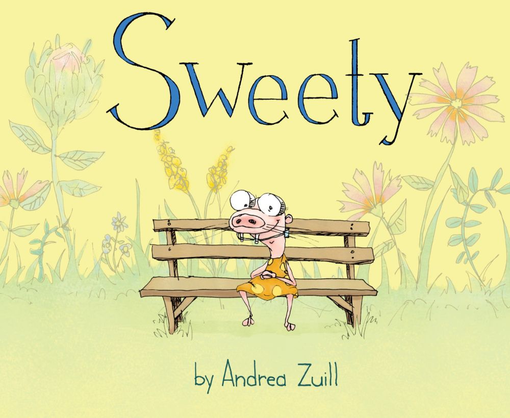 Cartoon style drawing of skinny big eyed naked mole rat in a yellow dotted dress sitting on a bench in front of a yellow background under the book title