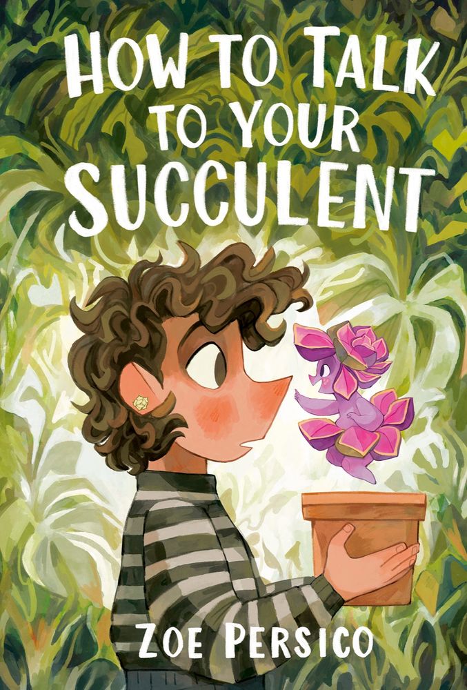 Illustration of girl holding a purple succulent plant in a pot with a border of green leaves around them below the book title