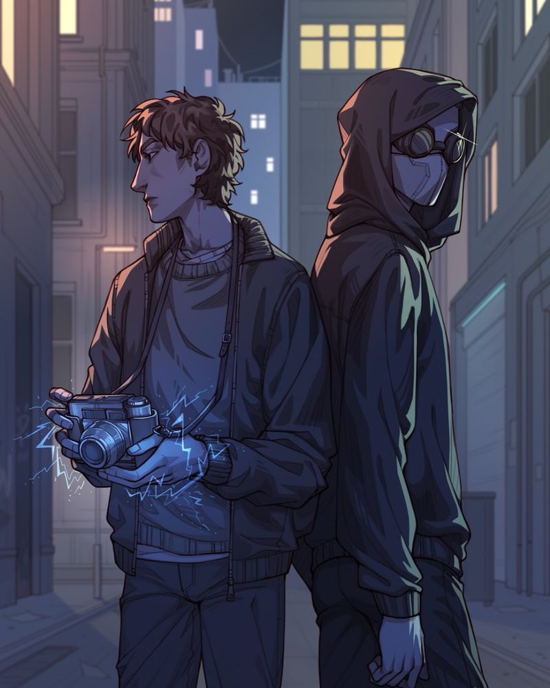 Two figures stand back to back in a city at night. One holds a camera, his hands surrounded by electricity. One wears his hood up, face covered by a white muzzle mask and round goggles.

Art by qwilann on Instagram!