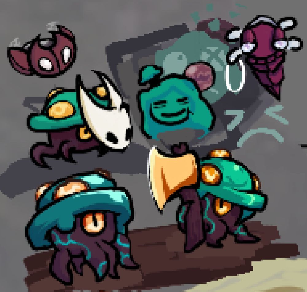 cute red flying bug robot, 3 teal warped fungus creatures (all Tawfin) with one holding a gold axe and another holding Hornet Silksong's mask, a teal person being haunted by a distinct lack of rosaries with a faded image of her being hit by that stupid red drill, and a flying bug with a red drill snout making the horrid spongebob tongue out face, but like, with its drill.