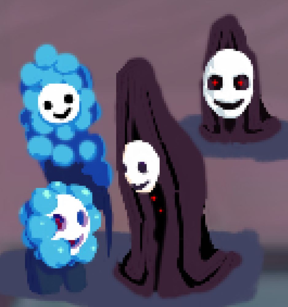 Hans from Brutal Orchestra, a short, blue polypy creature wearing a mask that could be mistaken for a blue flower person, and Shadow from Look Outside, a tall creature covered by a large sheet wearing a mask, with two red dot eyes peering from the shadows inside.
they have traded their respective masks, with Hans having her red inside bits exposed by the eye and mouth holes, while Shadow has to move their eyes below the mask as Hans' mask has no eye holes.
two extra doodles have Hans as tall as Shadow, looking like a weird cob of blue corn, and Shadow as short as Hans, with their mask being nearly as tall as them.