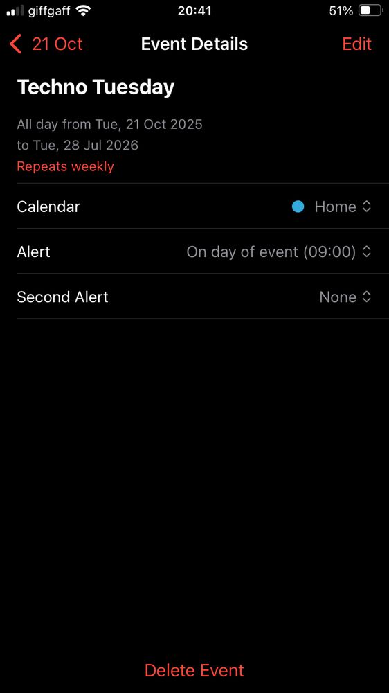 Calendar reminder for Techno Tuesday