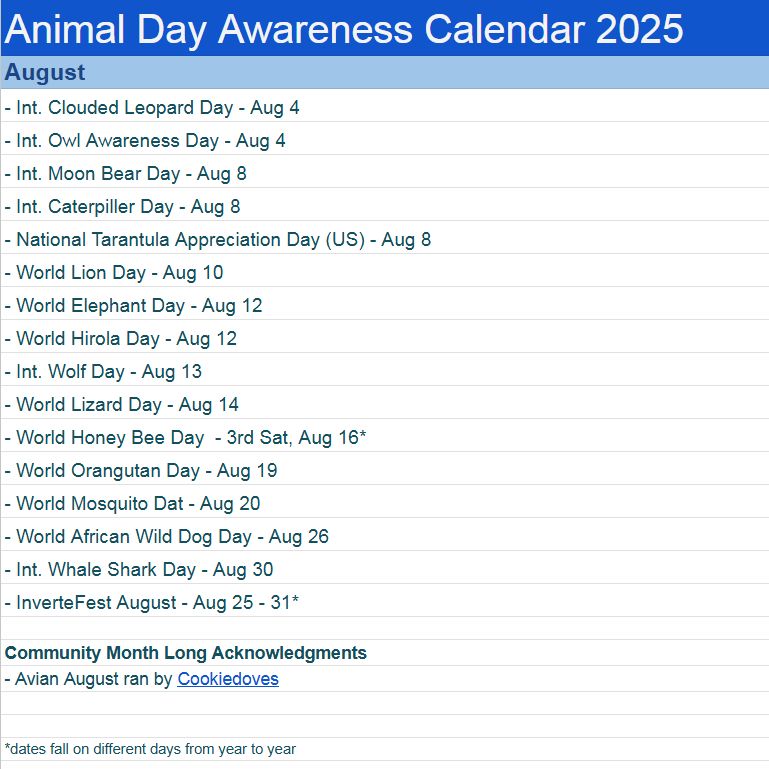 Animal Awareness Calendar graphic and dates for August. A URL is provided for the text file.