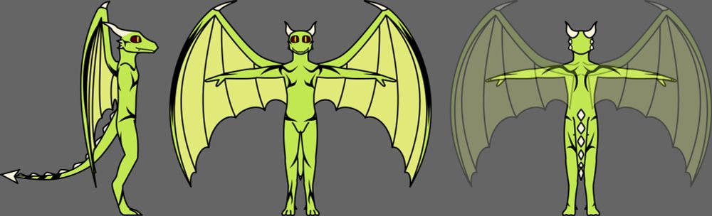 A dragon/imp hybrid shown T-posing from three angles. He is nude, and has a pale yellowgreen body covered in flowing, sharp, black body markings. His sclerae are dark red, and irises are yellow. He has a somewhat slim, average male body, and a visible labia. His outstretched, demonic wings are nearly twice his armspan, and almost as tall as himself. He has a tapered tail covered with blunt spines, ending in a spade tip. He stands on digitigrade legs. He has a faint smile with a snaggletooth on each side.