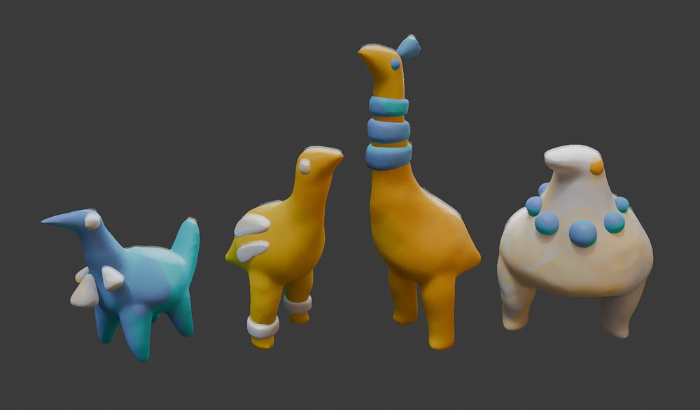 3D render of a line up of 4 clay figures with bird-like features in blue, white, and yellow.
