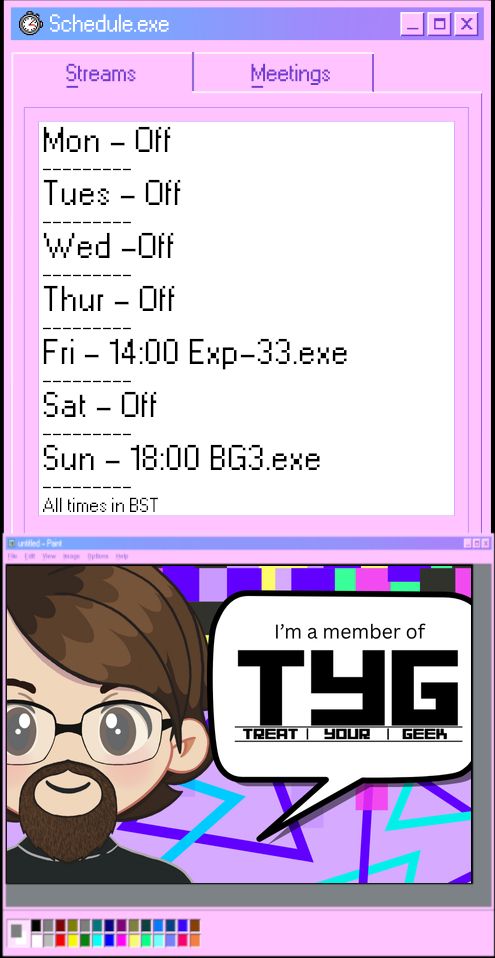 Twitch Schedule for https://www.twitch.tv/drjamestheyorkshireman

Mon - Off
---------
Tues - Off
---------
Wed -Off
---------
Thur - Off
---------
Fri - 14:00 Exp-33.exe
---------
Sat - Off
---------
Sun - 18:00 BG3.exe
---------
All times in BST