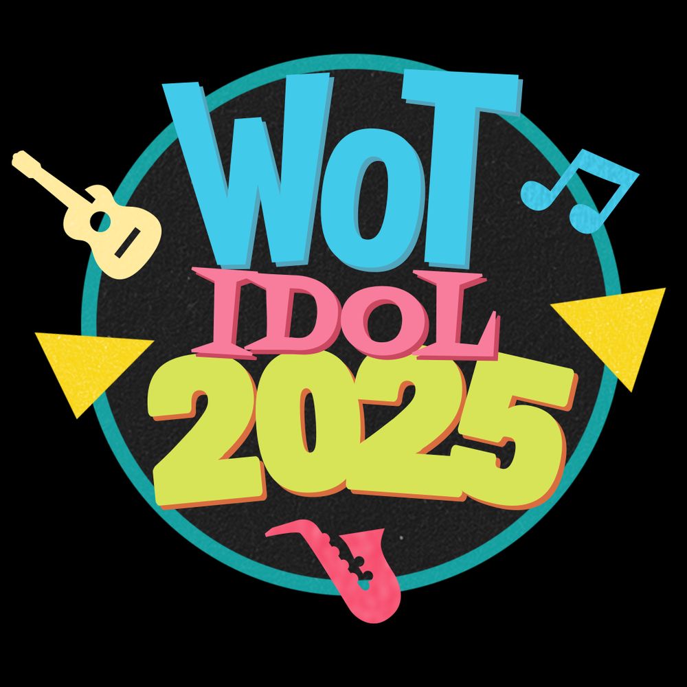 WoT Idol 2025 Logo. The colors are bright and reminiscent of Saved By The Bell. Around the edges of the logo's outer circle are triangles, a music note, and guitar, and a saxophone. 
