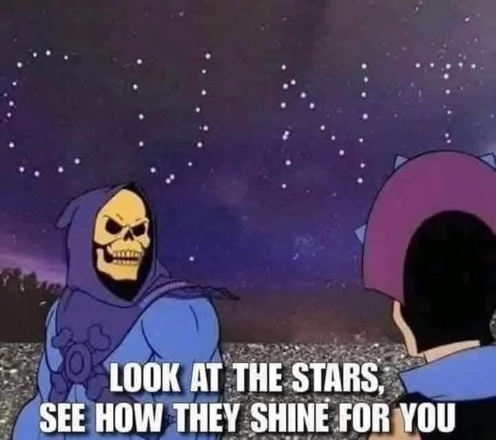 Artwork showing Skeletor and Evil-Lyn with stars in the sky that spell out the word cunt. The caption says "look at the stars, see how they shine for you".