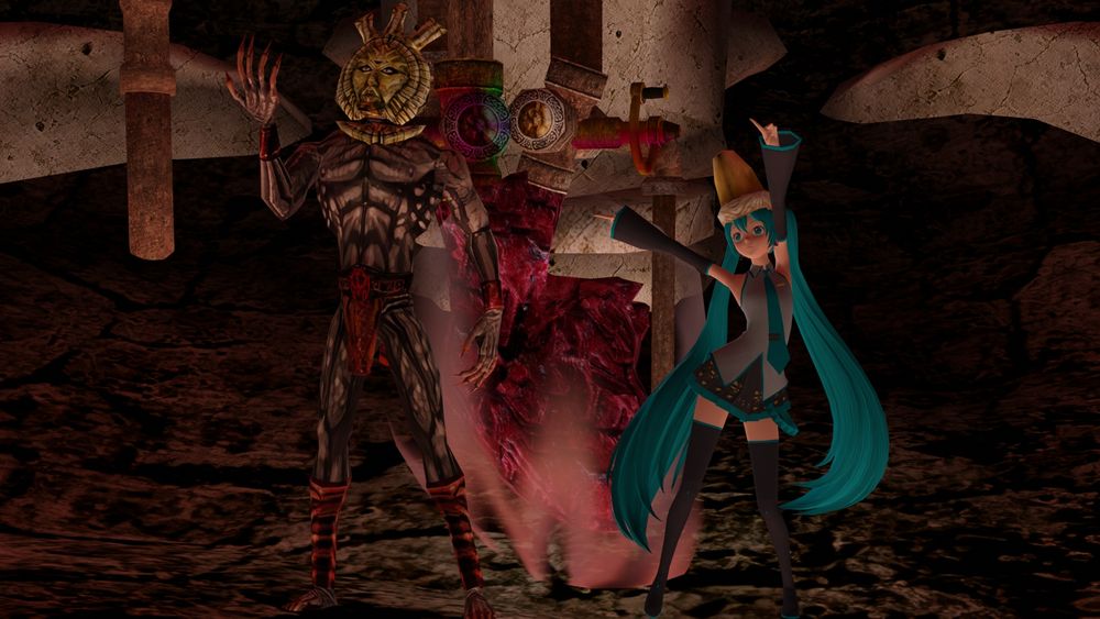 Dagoth Ur and Hatsune Miku posing in front of the Heart of Lorkhan