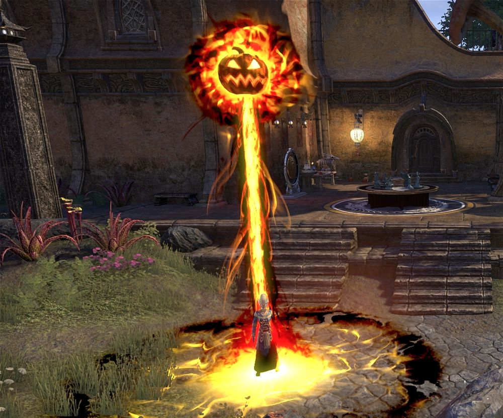 A Jack-o-Lantern blasting a laser beam onto an Argonian