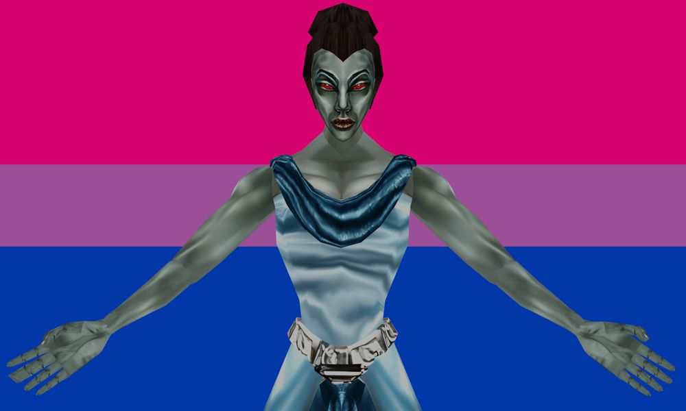 Azura Morrowind with her arms outstretched over the Bisexual Pride Flag