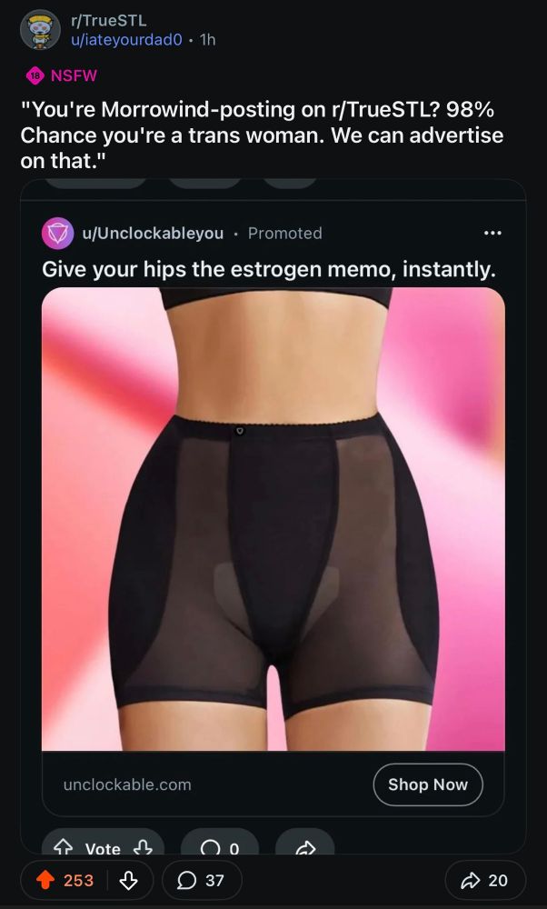A truestl reddit post about getting a transgender ad on a Morrowind subreddit

"You're Morrowind-posting on r/TrueSTL? 98% Chance you're a trans woman. We can advertise on that."