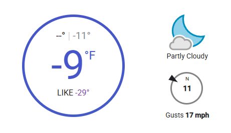 -9 degrees
wind chill of -29

partly cloud
gusts 17 mph
