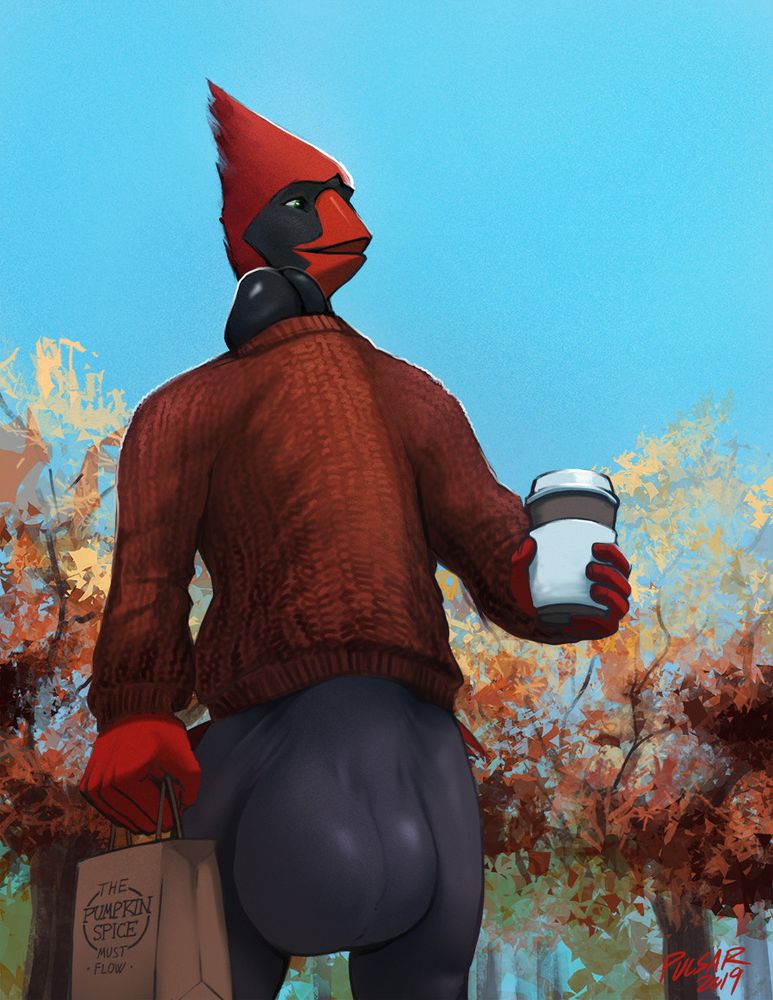 Pulsar wearing a sweater with his huge cock pushing all the way up through it. He's also holding a coffee and a bag with a logo that says "The Pumpkin Spice Must Flow"