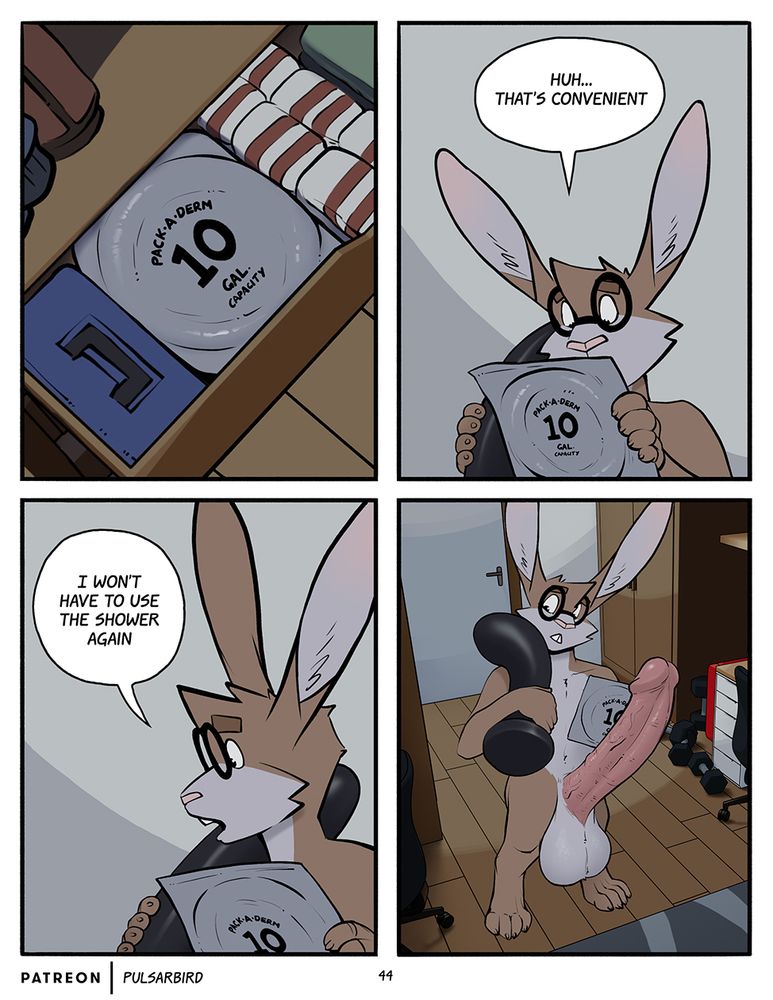Perspective Shift page 44. Panel 1: A view down into the drawer that Quentin just pulled the dildo out of of. On top is a giant condom in a wrapper labeled "Pack-a-Derm 10 Gal. Capacity" Panel 2: Quentin is holding the condom saying, "Huh... that's convenient." Panel 3: Quentin says, "I won't have to use the shower again." Panel 4: Shows Quentin trying to carry both the huge dildo and the condom while also walking with a giant boner.