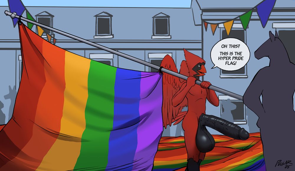 Pulsar is standing in the street holding a giant pride flag. He's saying to an onlooker, "Oh this? This is the hyper pride flag!" 
