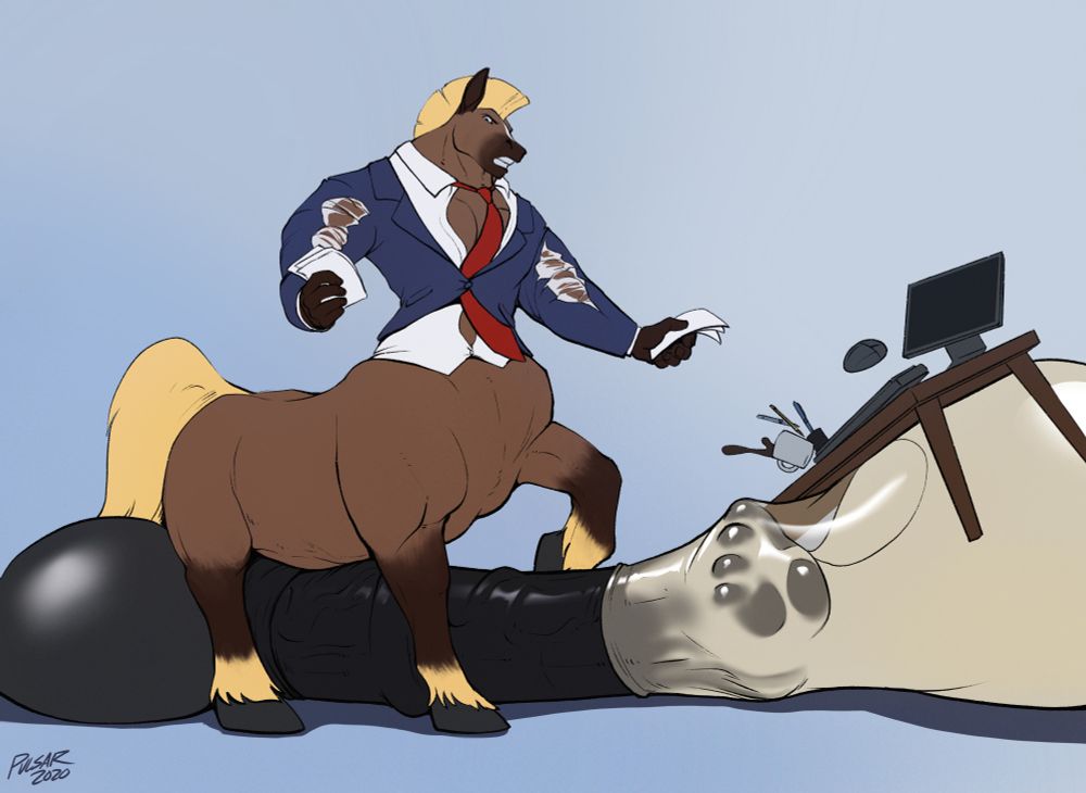A horsetaur is in an office looking frustrated. He's got a condom on his gigantic horse cock that's filled with so much cum it's knocking over a desk. And he's ripping through his suit jacket and shirt as he grows more muscular.