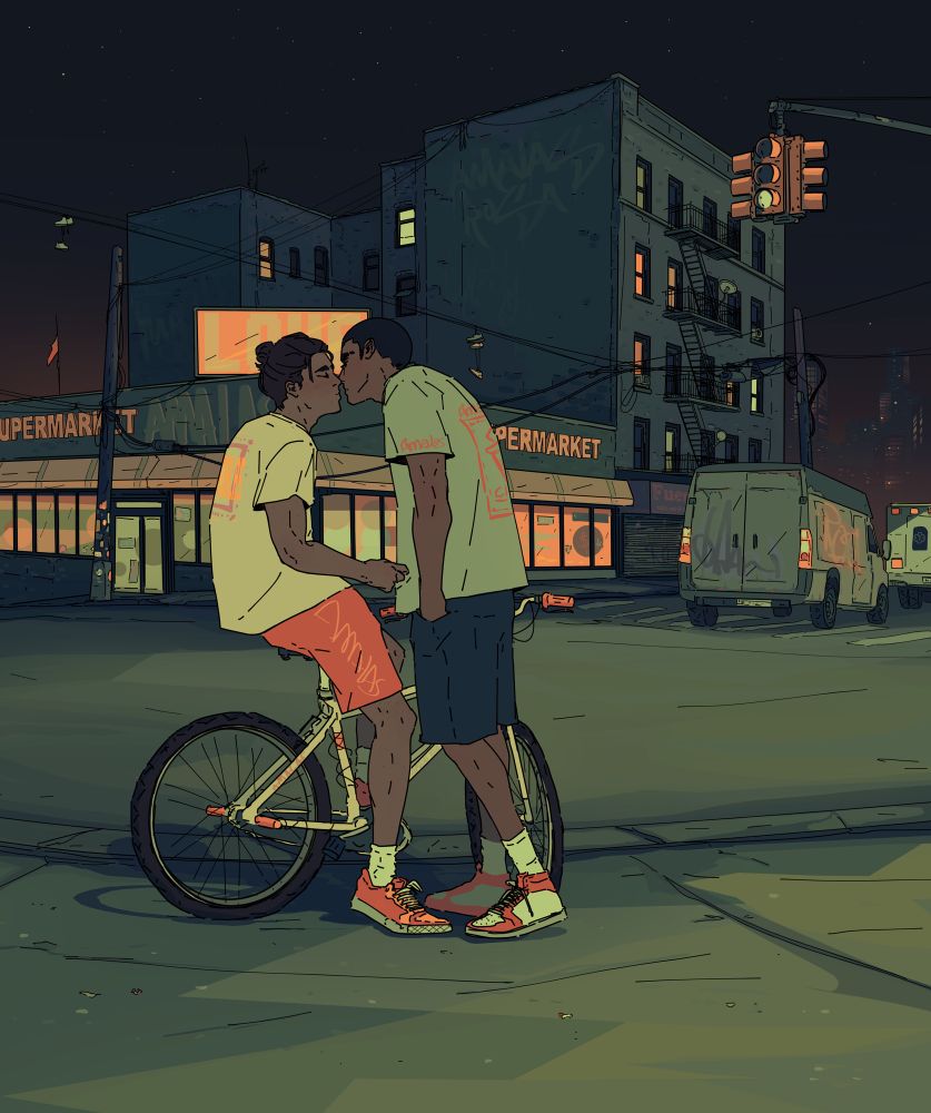 Digital art of original characters Aran and Tao as adults, at night in their local nyc neighborhood, kissing.
Tao sits on his bike while Aran stands in front of him and slightly bends down to kiss him.
Behind them the street and some houses and a traffic light. Above a dark sky with some stars. It’s a hot night and they both wear shorts and shirts.