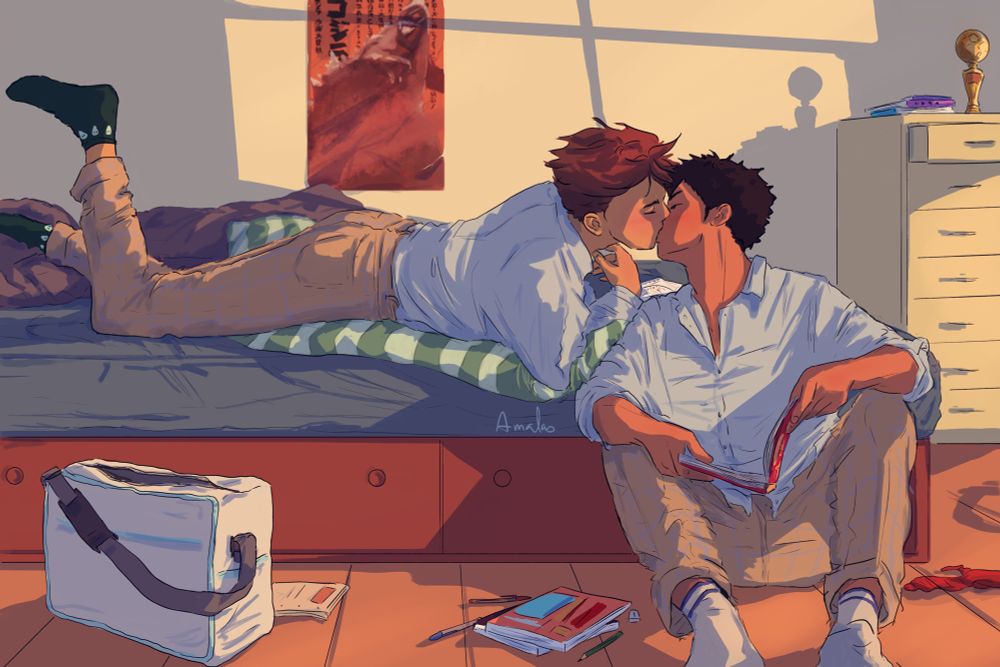 Fanart of character Oikawa Tooru and Iwaizumi Hajime from the anime and manga Haikyuu , showing them after school doing homework. Iwaizumi sits in front of the bed and Oikawa lies on it and bends over giving Iwaizumi a kiss. 