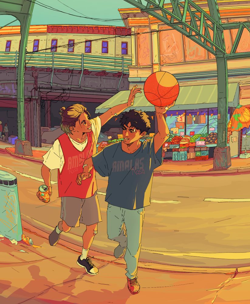 Digital art of original characters Aran and Tao as teenagers on a hot summer day out in their local nyc neighborhood. They just crossed the street and Aran is playing with a basketball which Tao is trying to steal from him. Both boys are laughing. In the background we see a bodega with fresh produce outside and the overpass of a subway as well as some houses. It’s a hot day and the colors for this pic are inspired by orange soda, so there is a lot of orange and yellow. 