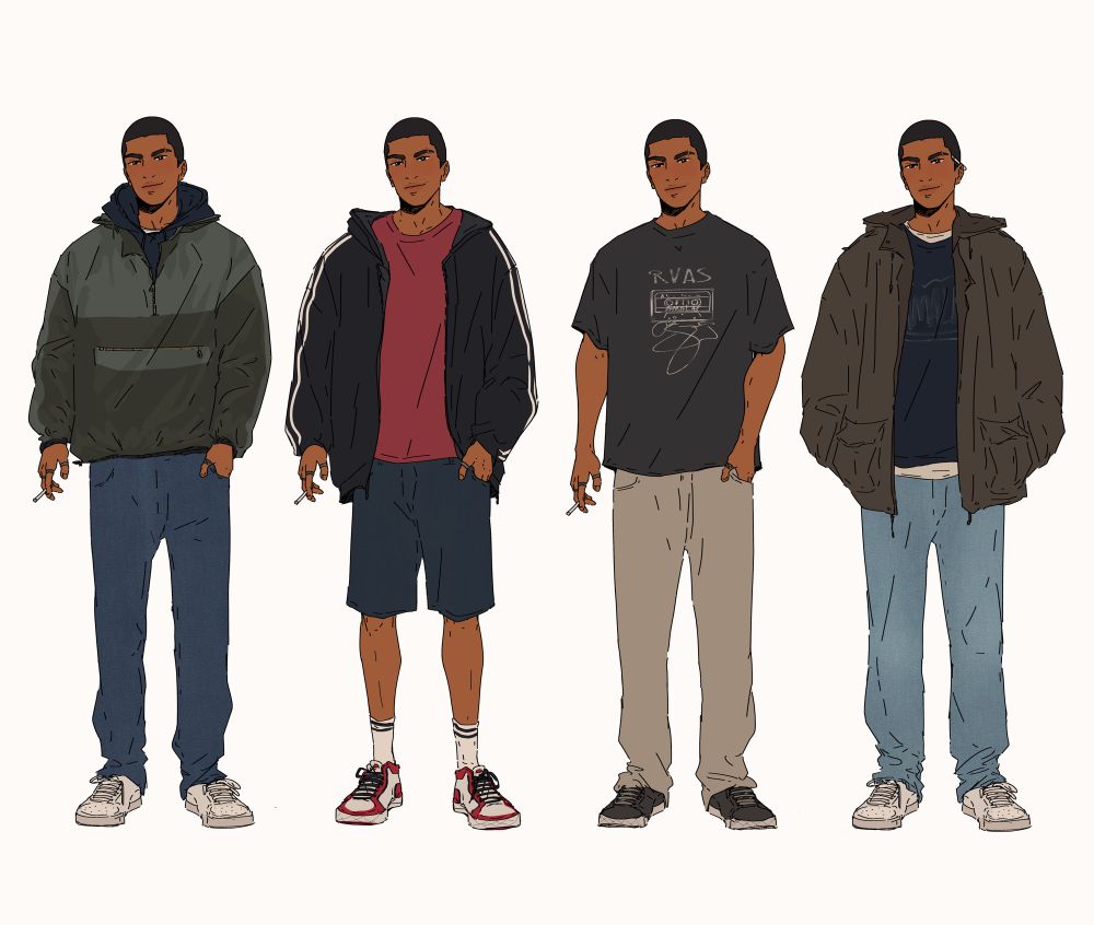 Lineup of four different drawings of original character Aran, all in the same or similar pose, and all in different casual outfits.