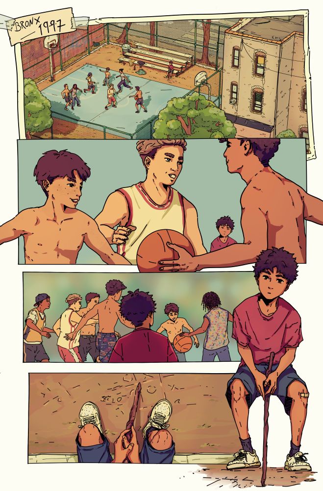 Comic page of original characters Aran and Tao as kids. Aran sits alone at the bleachers watching a bunch of kids play basketball at the local basketball court. This is the first time he sees Tao, as Tao is among the kids playing